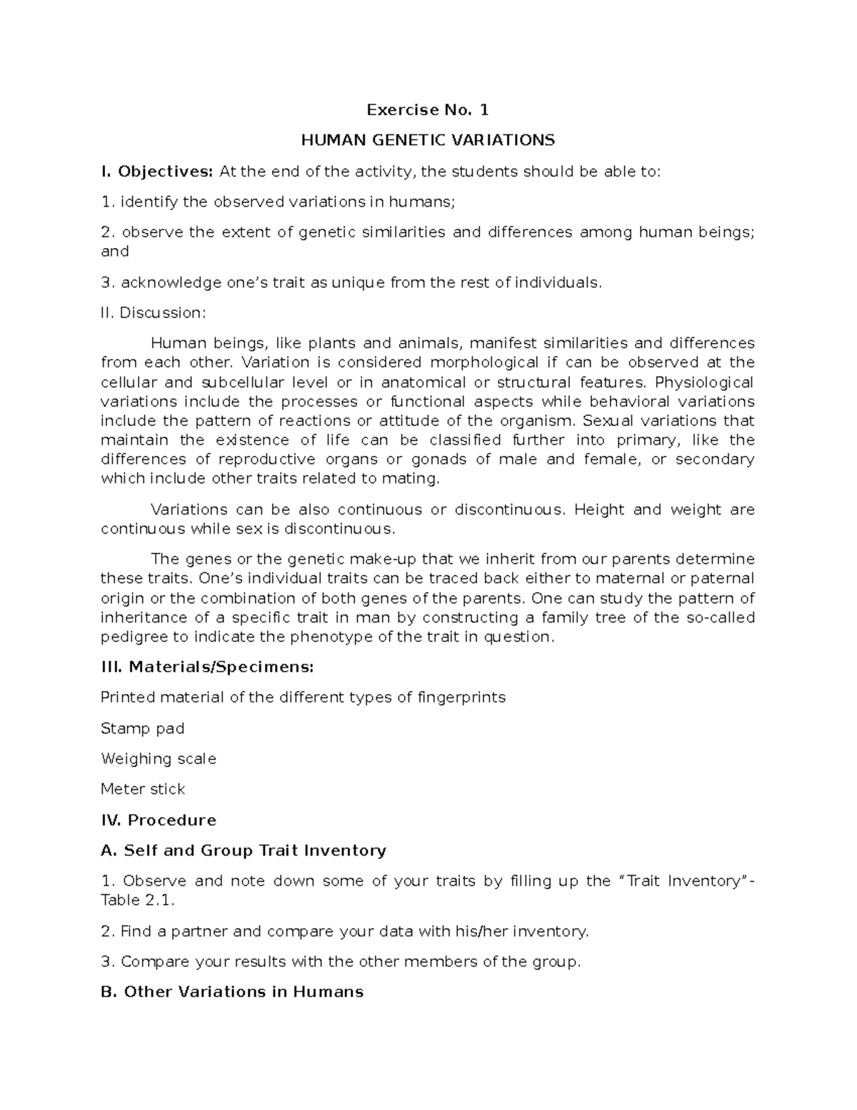 Ex-1-Genetics - eto lang ako - Exercise No. 1 HUMAN GENETIC VARIATIONS ...