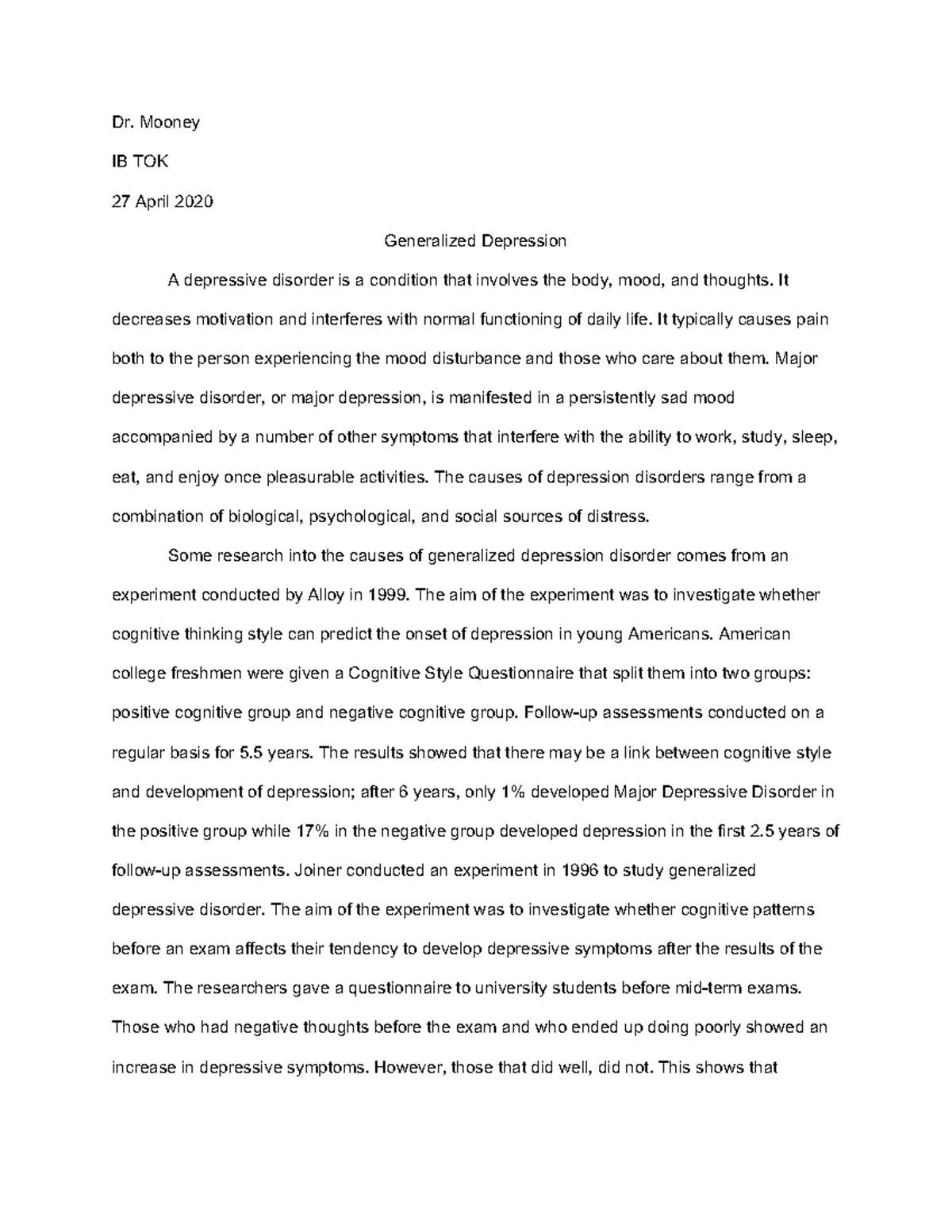 Generalized Depression PDF - Dr. Mooney IB TOK 27 April 2020 ...