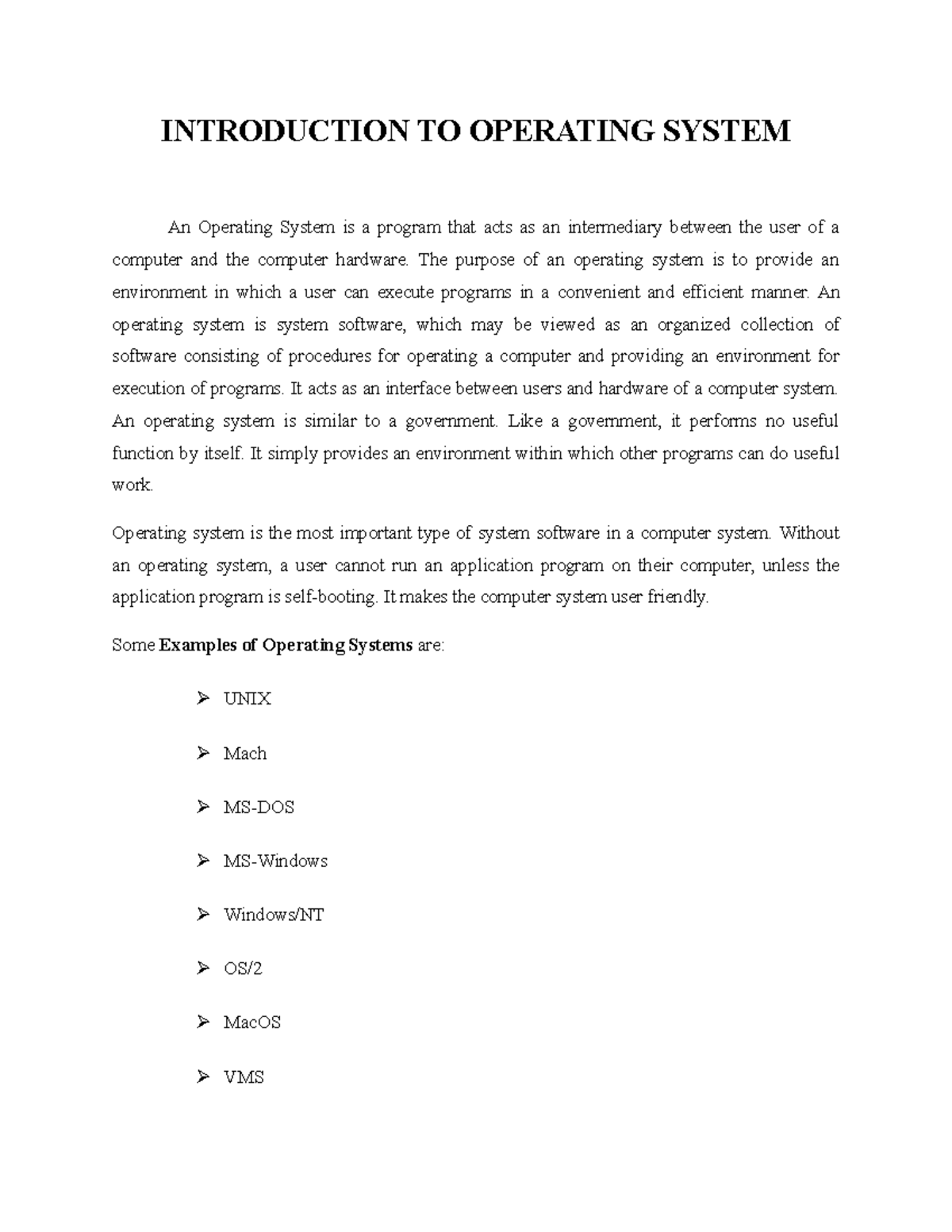 Introduction To Operating System - INTRODUCTION TO OPERATING SYSTEM An ...