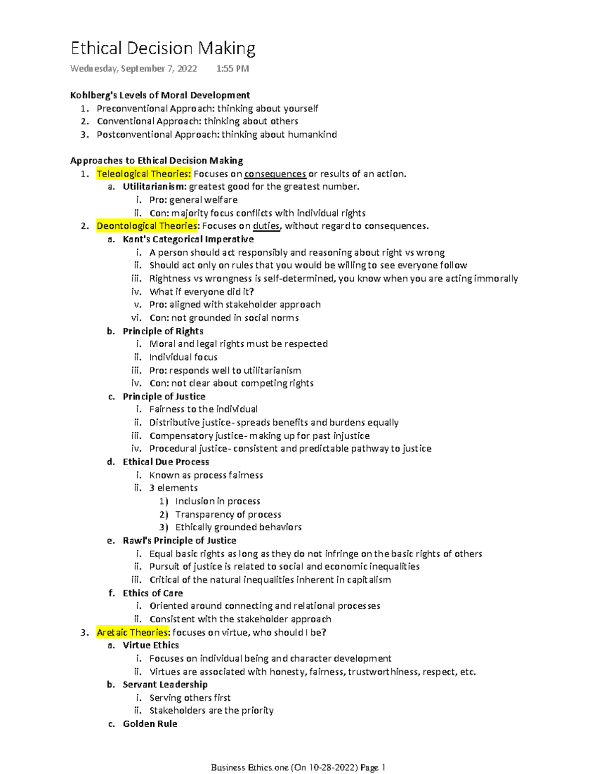 Ethical Decision Making - Kohlberg's Levels of Moral Development 1 ...