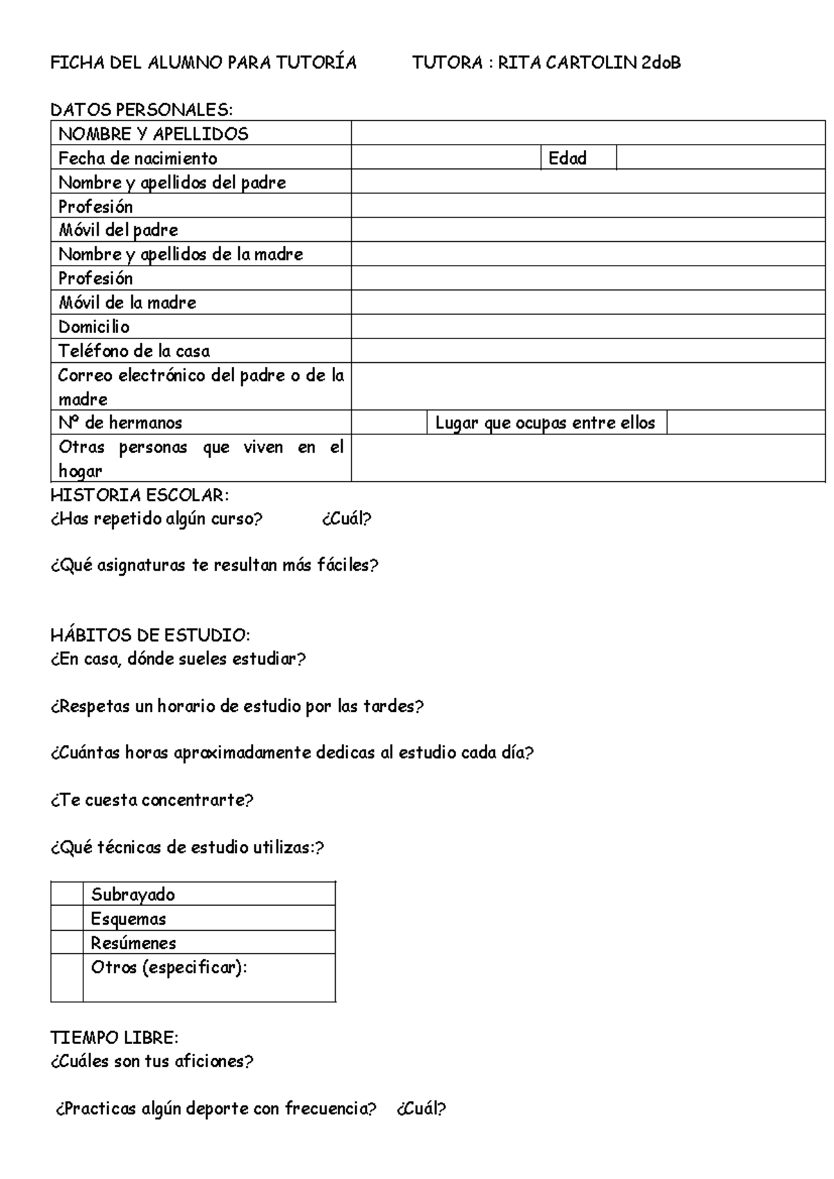 Ficha DEL Alumno PARA Tutoría - FICHA DEL ALUMNO PARA TUTORÍA TUTORA ...