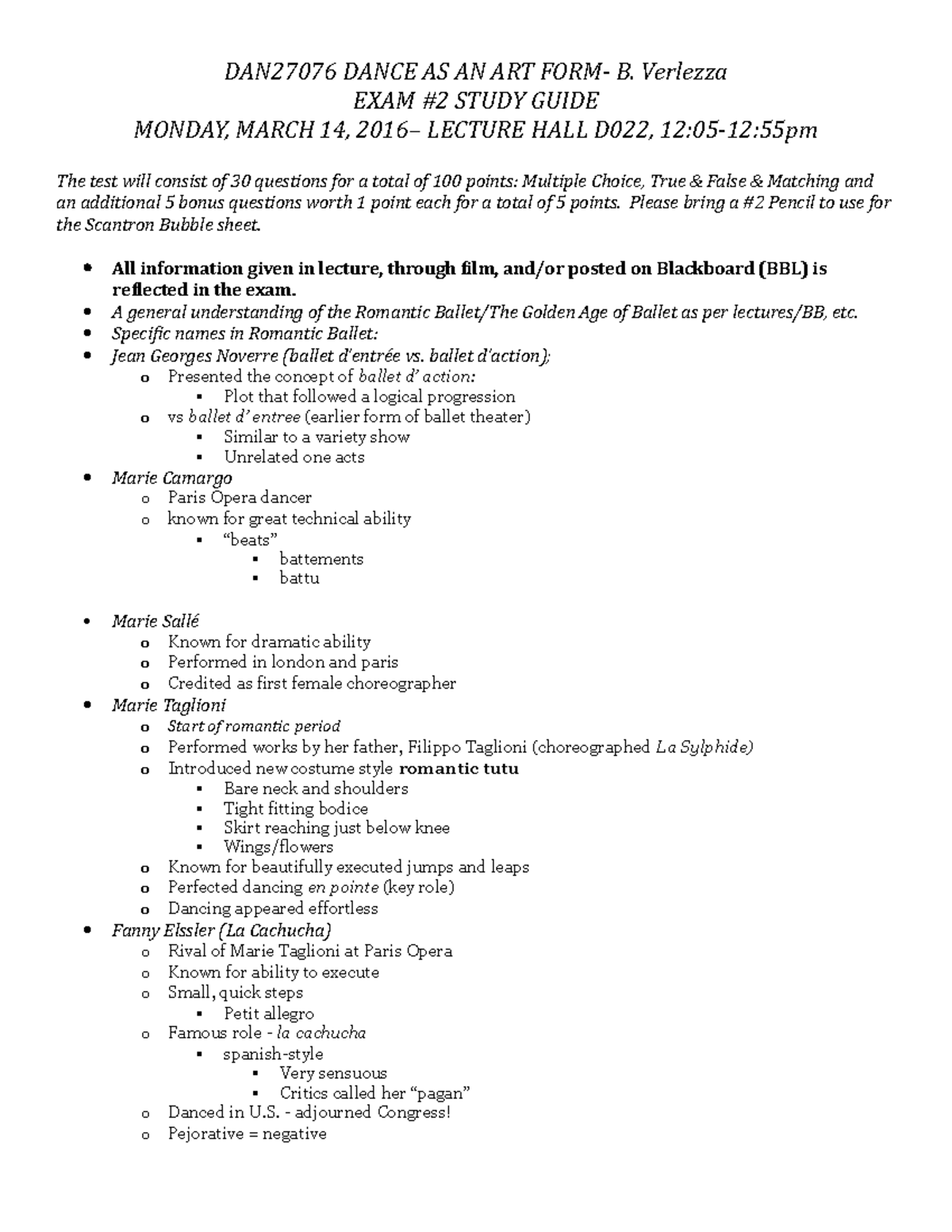 Kent Art Form Exam 2 Study Guide Rev 2 DAN27076 DANCE AS AN ART B. Verlezza EXAM STUDY