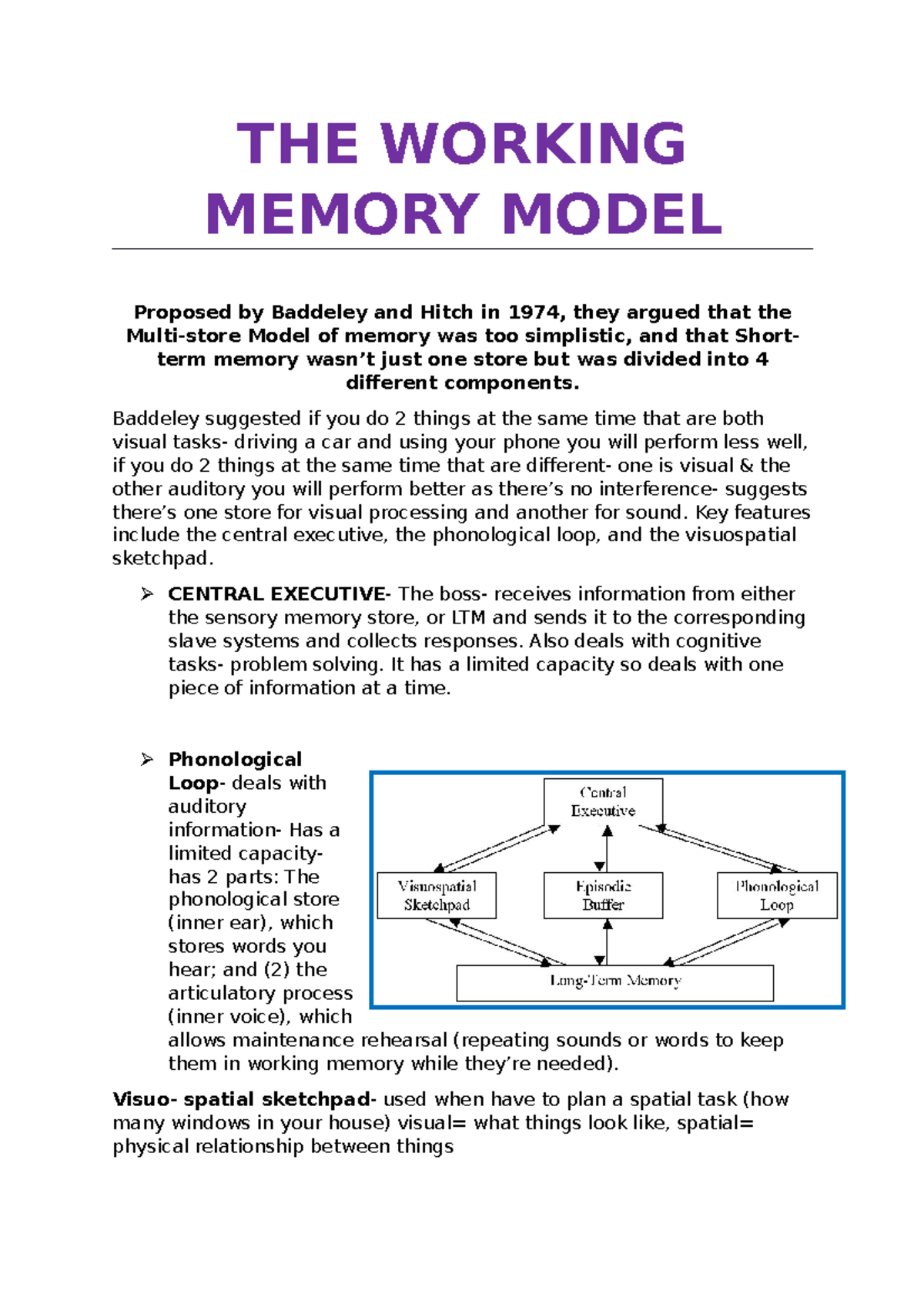 THE Working Memory Model - THE WORKING MEMORY MODEL Proposed by ...
