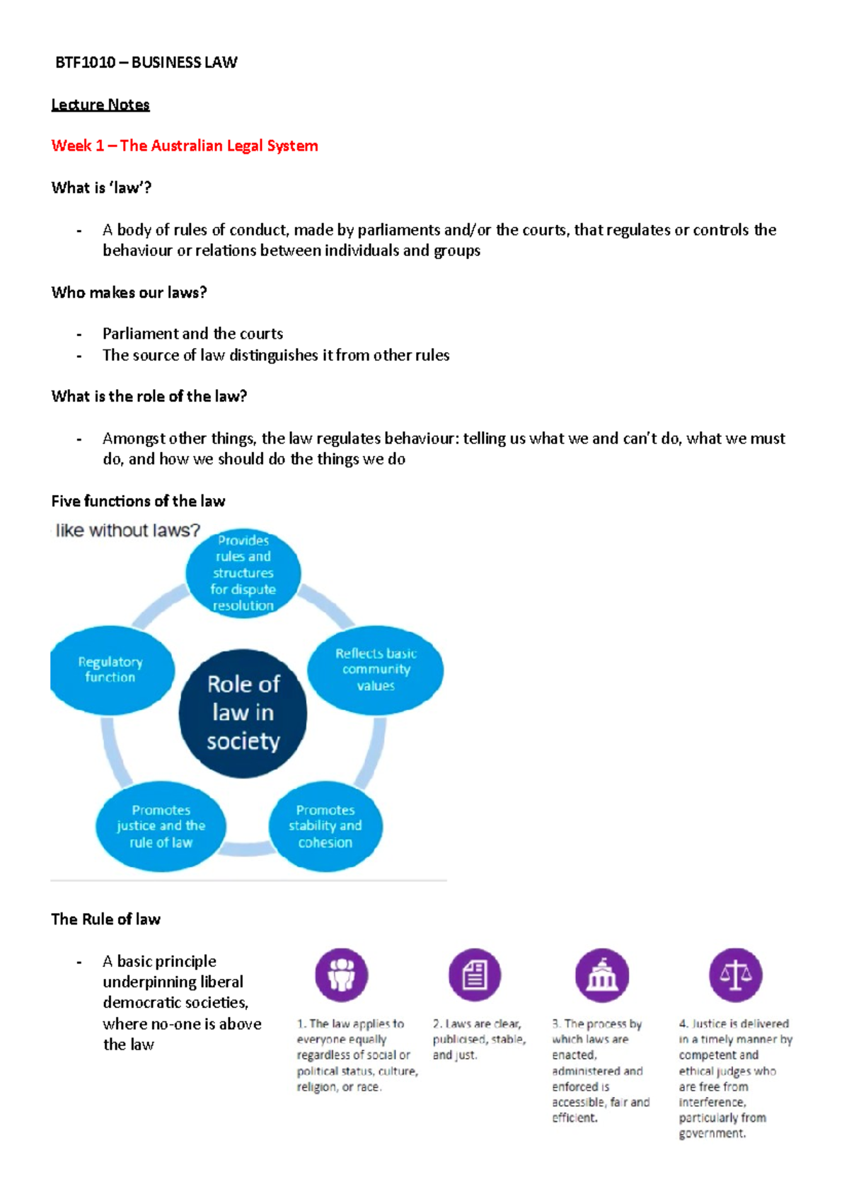 Lecture Notes - BTF1010 – BUSINESS LAW Lecture Notes Week 1 – The ...