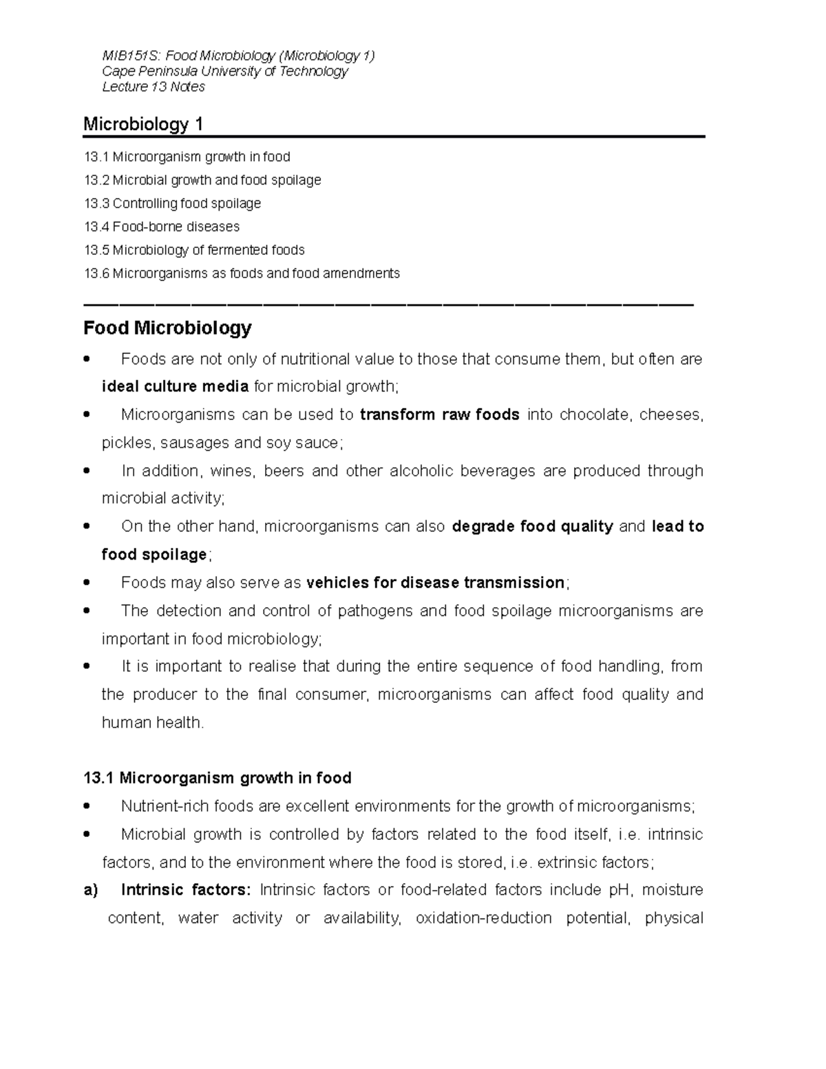 Microbiology 1 Lecture 13 (food Microbiology) - Cape Peninsula 