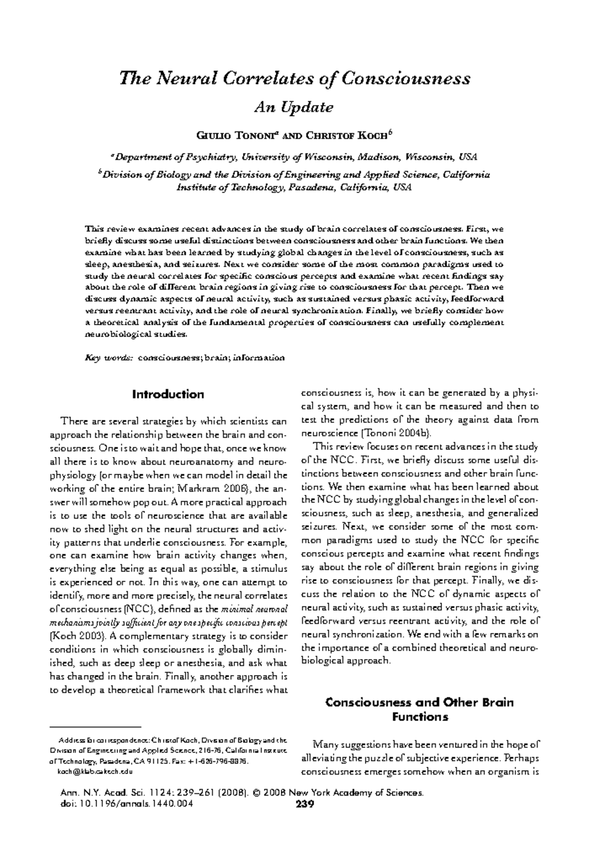 Tononi-Koch Consciousness Article - The Neural Correlates of ...