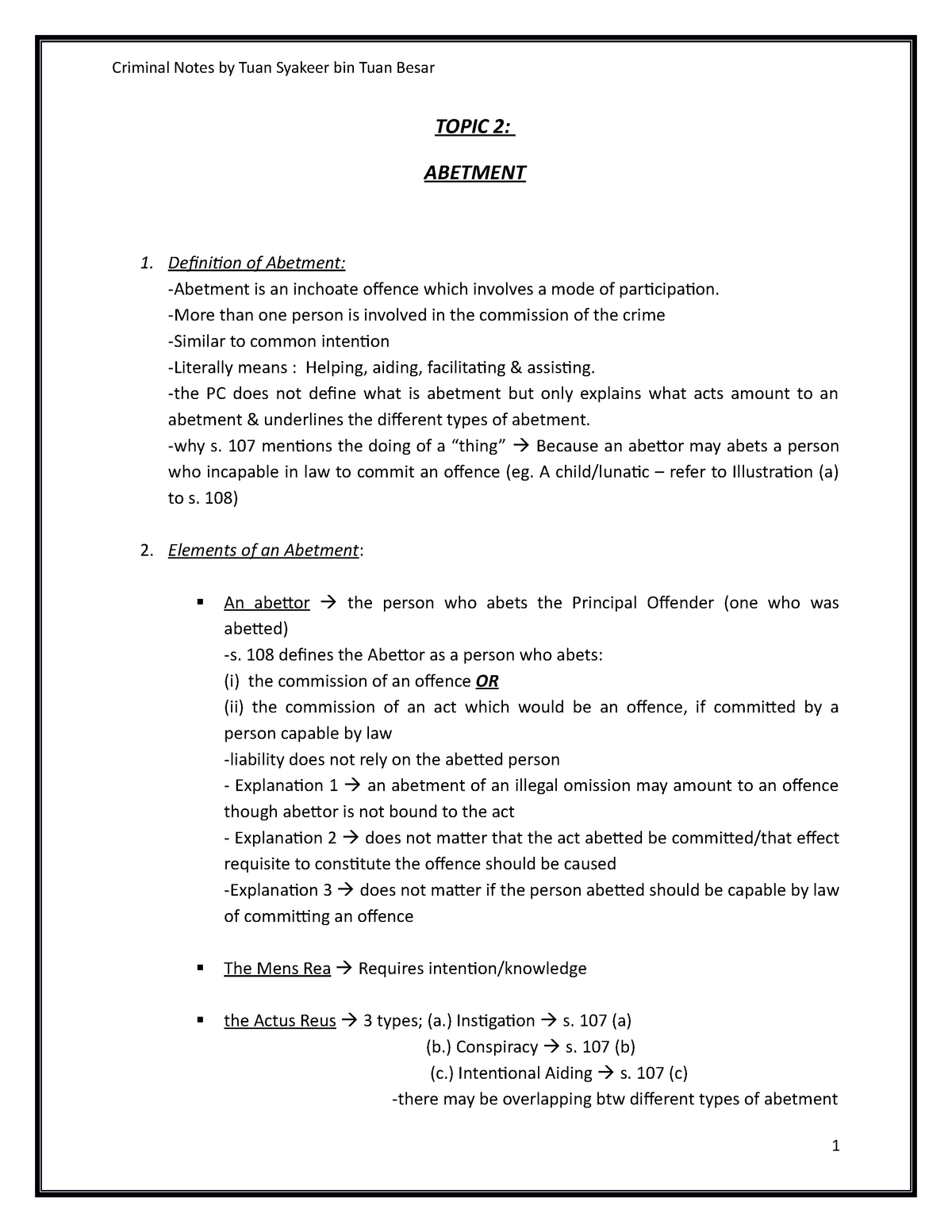 2 - Abetment - TOPIC 2: ABETMENT 1. Definition of Abetment: -Abetment ...