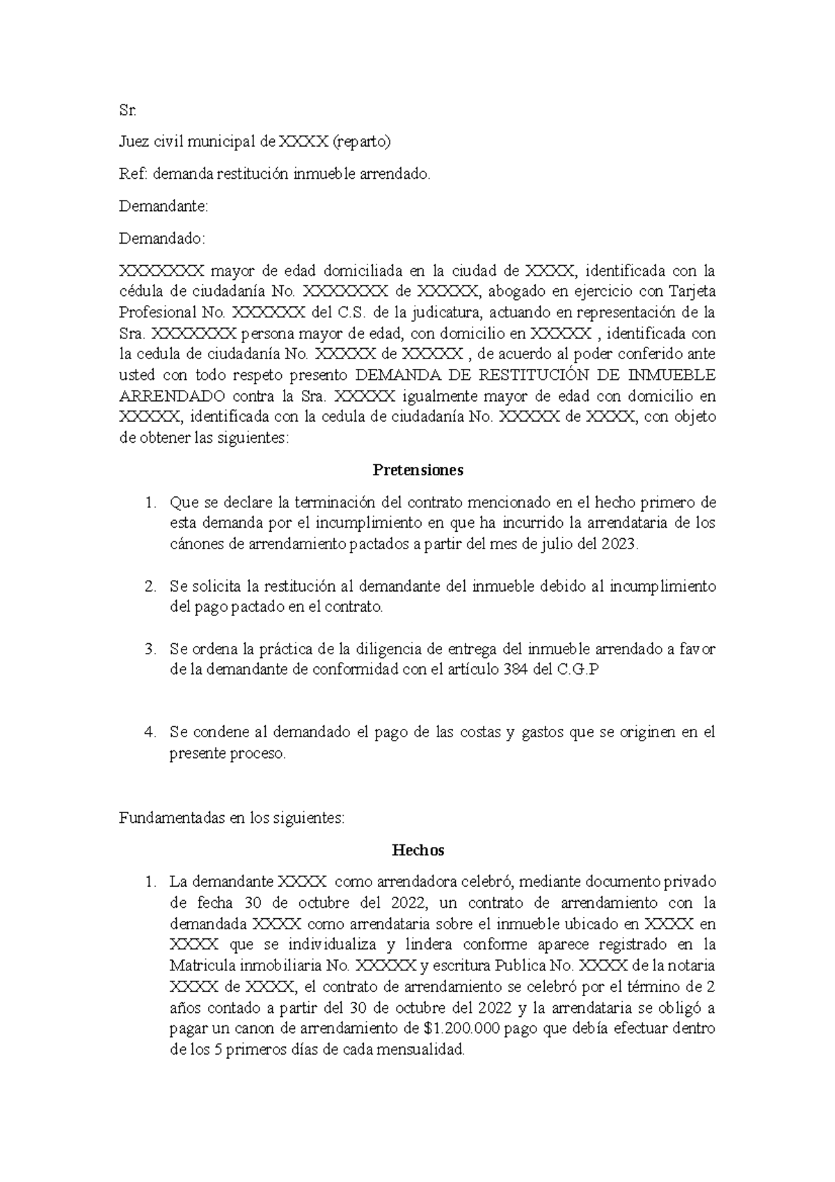 Demanda restitucion inmueble arrendado - Sr. Juez civil municipal de ...