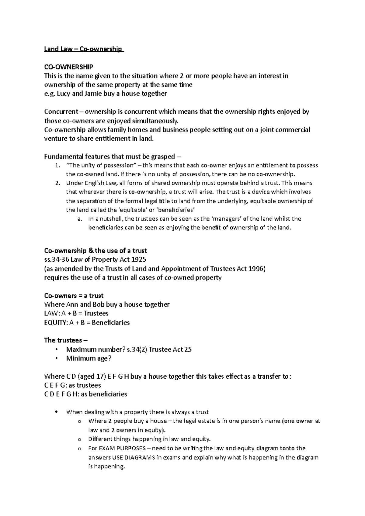 Co-ownership Notes - Land Law – Co-ownership CO-OWNERSHIP This Is The ...