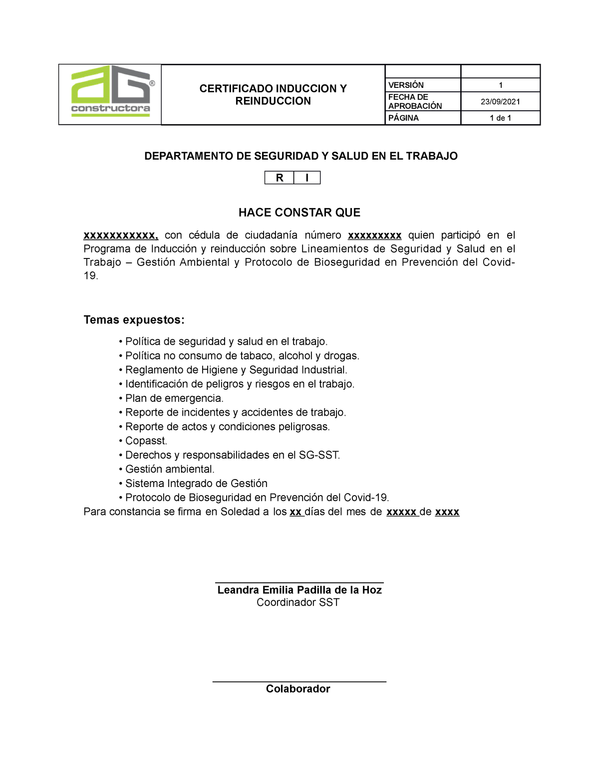 Certificado DE Induccion - CERTIFICADO INDUCCION Y REINDUCCION VERSIÓN 1  FECHA DE APROBACIÓN 23/09/ - Studocu