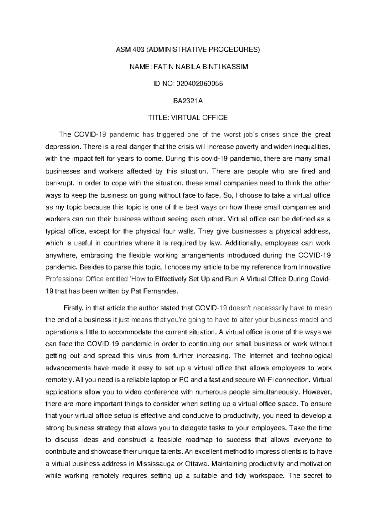 ASM 403 ( Reflective Paper) - ASM 403 (ADMINISTRATIVE PROCEDURES) NAME ...
