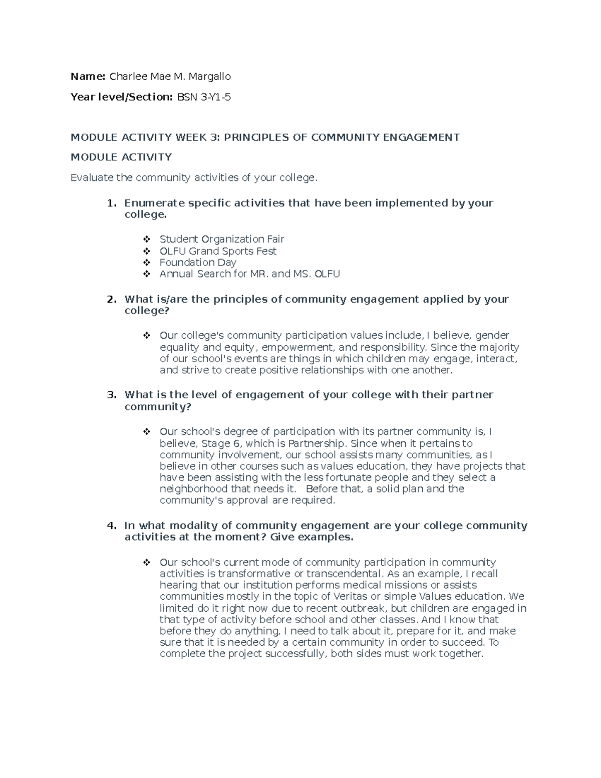 VERITAS 1 to 4 subject - Name: Charlee Mae M. Margallo Year level ...