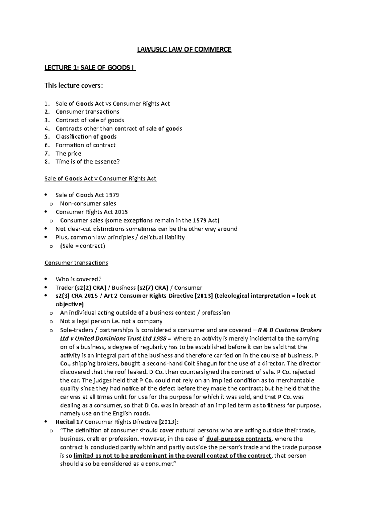 Lecture 1 - Sale of Goods - LAWU9LC LAW OF COMMERCE LECTURE 1: SALE OF ...