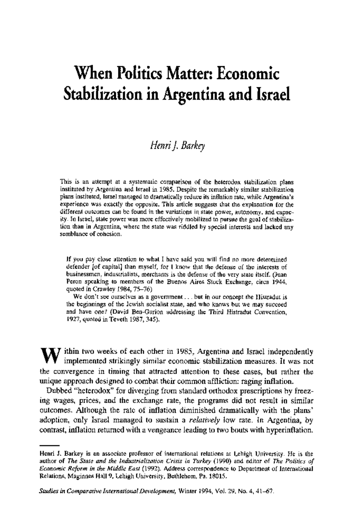 Barkey when politics matter economic stabilization in argentina and ...