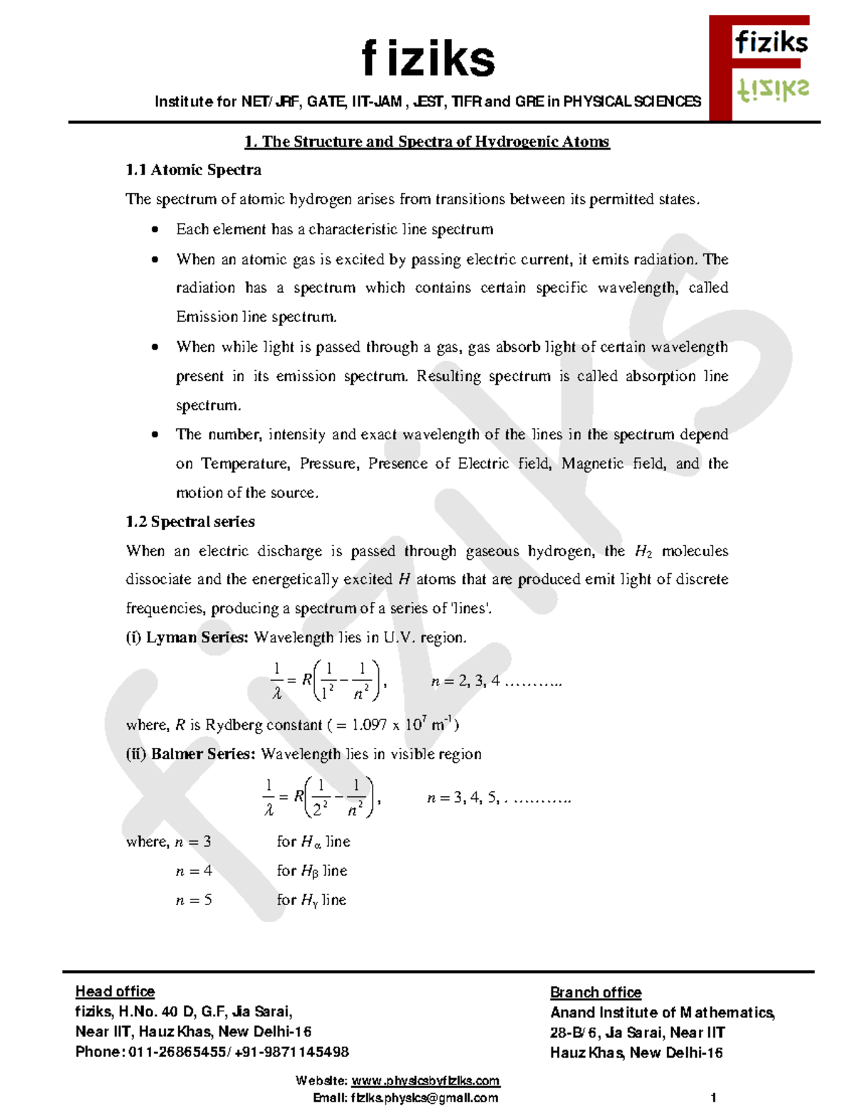 L1-structure And Spectra Of H ATOM - Institute For NET/ JRF, GATE, IIT ...