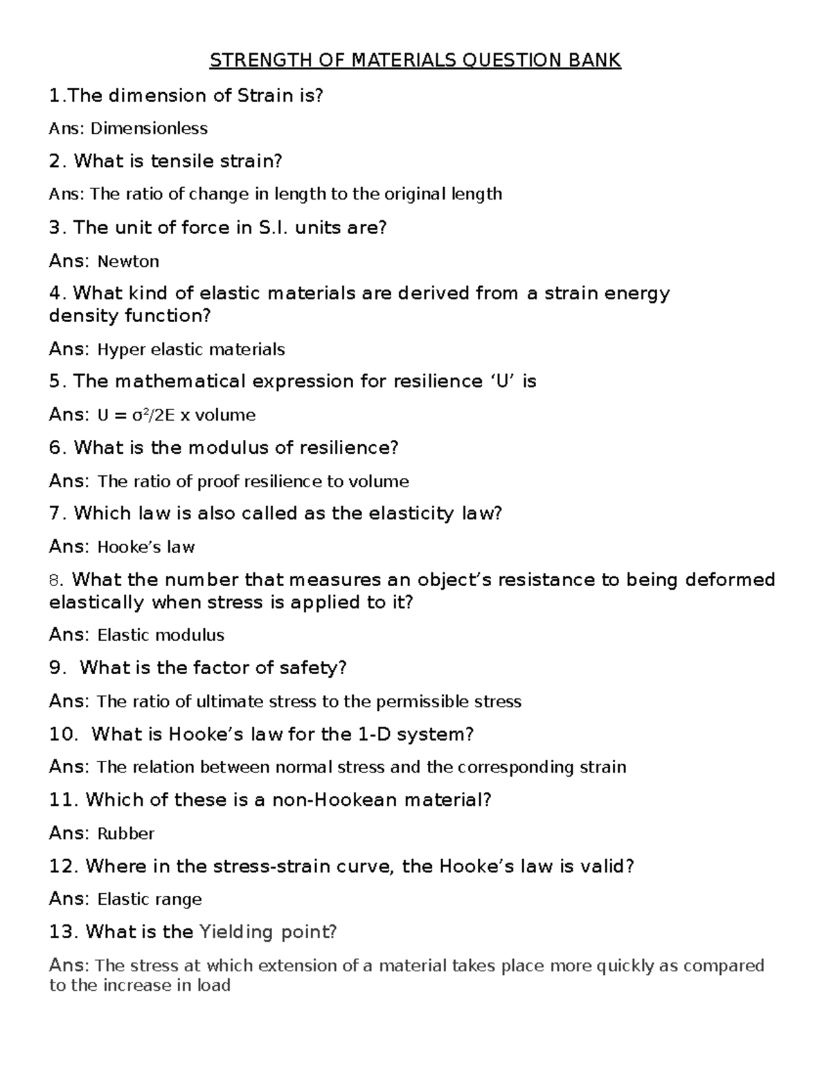 Strength OF Materials Question BANK STRENGTH OF MATERIALS QUESTION