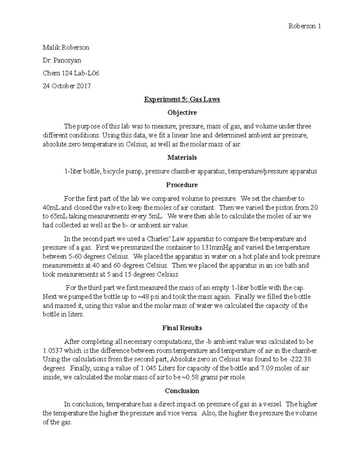 Lab Report 5 Experiment 5 Gas Laws Roberson 1 Malik Roberson Dr