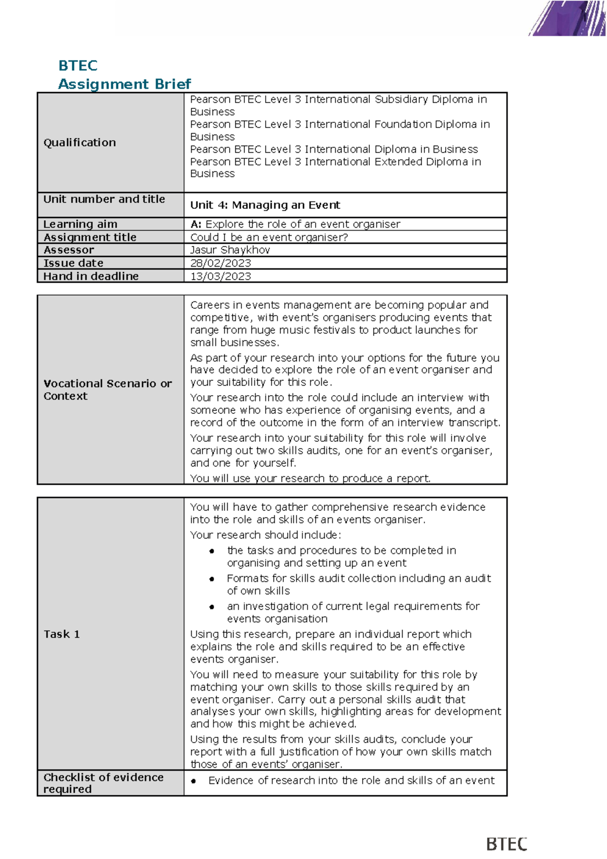 Unit 4 Managing An Event Aab Learning Aim A Version 1 Btec Assignment Brief Qualification