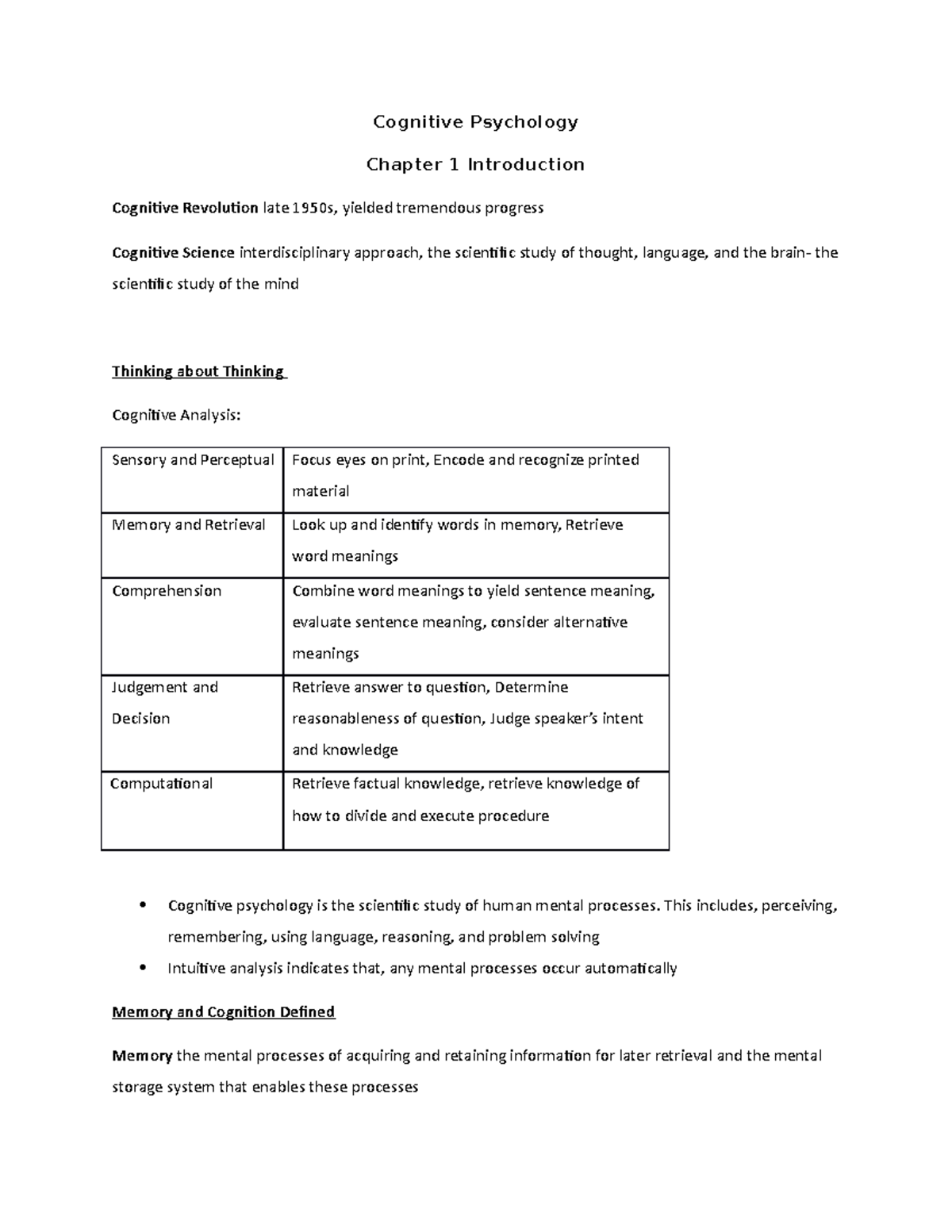 Chapter 1- Book Notes Intro To Cognitive - Cognitive Psychology Chapter ...