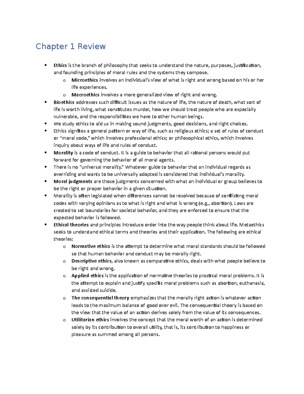 Chapter 1 Review - Notes - Chapter 1 Review Ethics Is The Branch Of ...