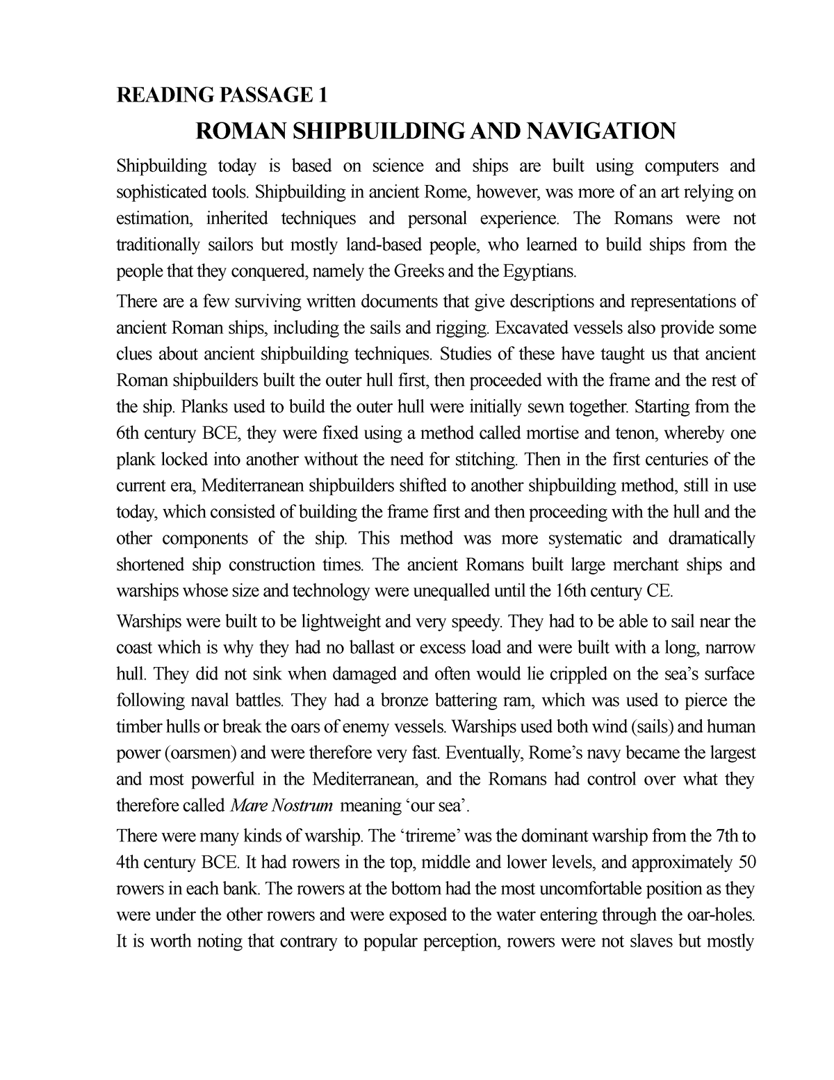 Reading 4 - READING PASSAGE 1 ROMAN SHIPBUILDING AND NAVIGATION ...