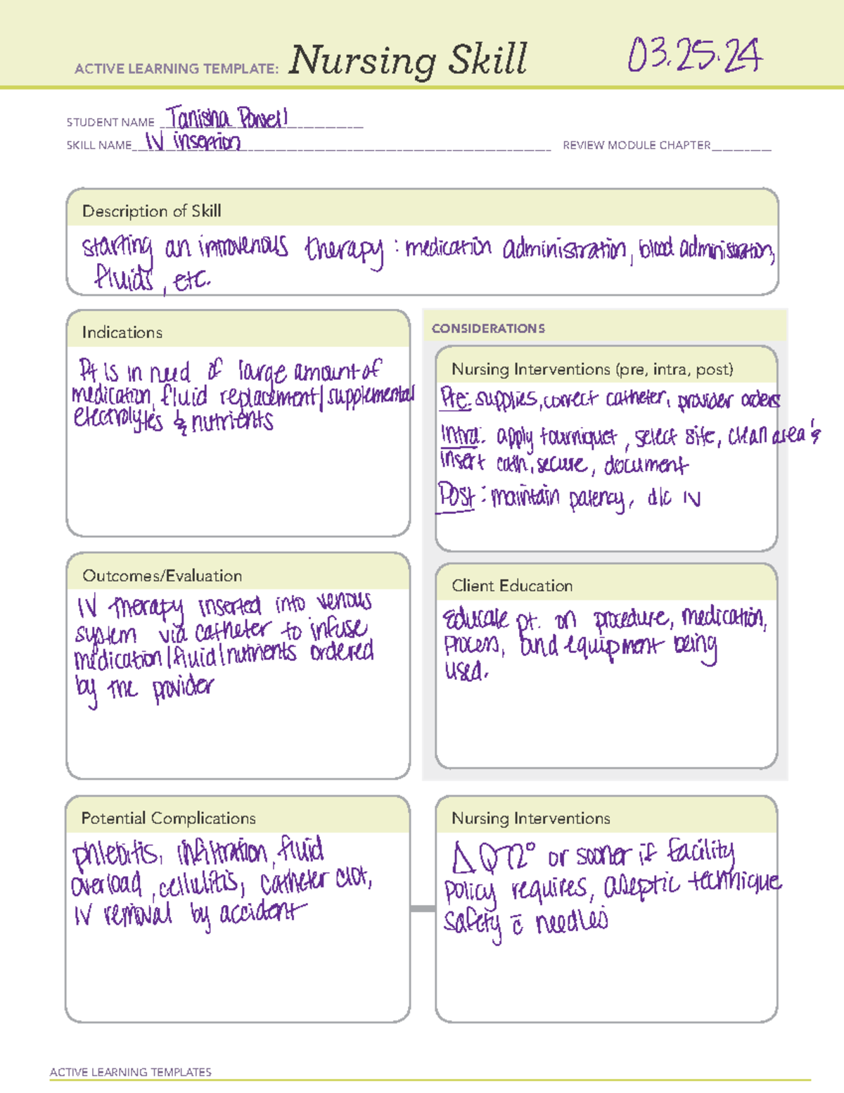 IV Insertion Nursing Skills - ACTIVE LEARNING TEMPLATES Nursing Skill ...