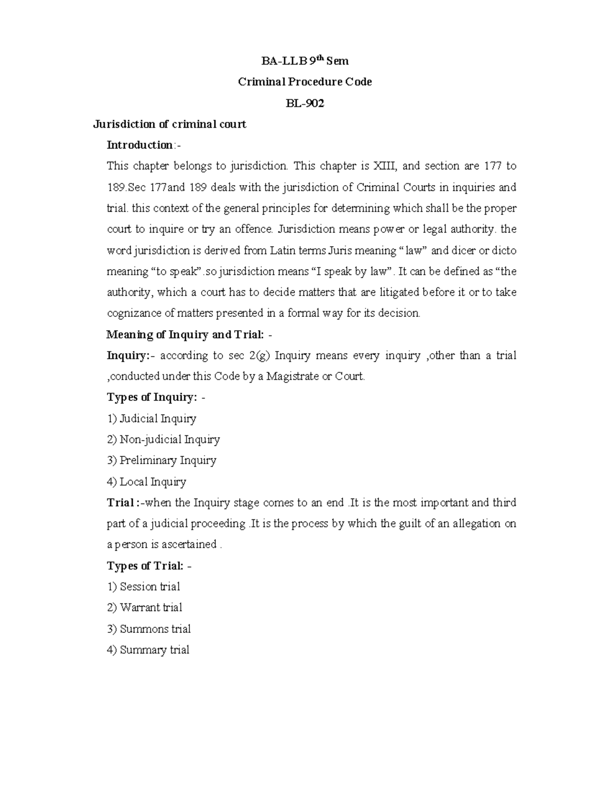Jurisdiction of the Criminal Courts - BA-LLB 9th Sem Criminal Procedure ...