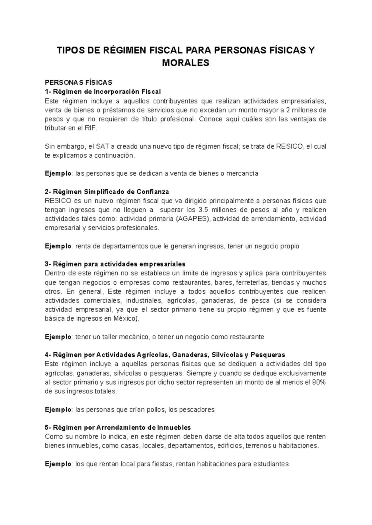 Regímenes - Apuntes - TIPOS DE RÉGIMEN FISCAL PARA PERSONAS FÍSICAS Y ...