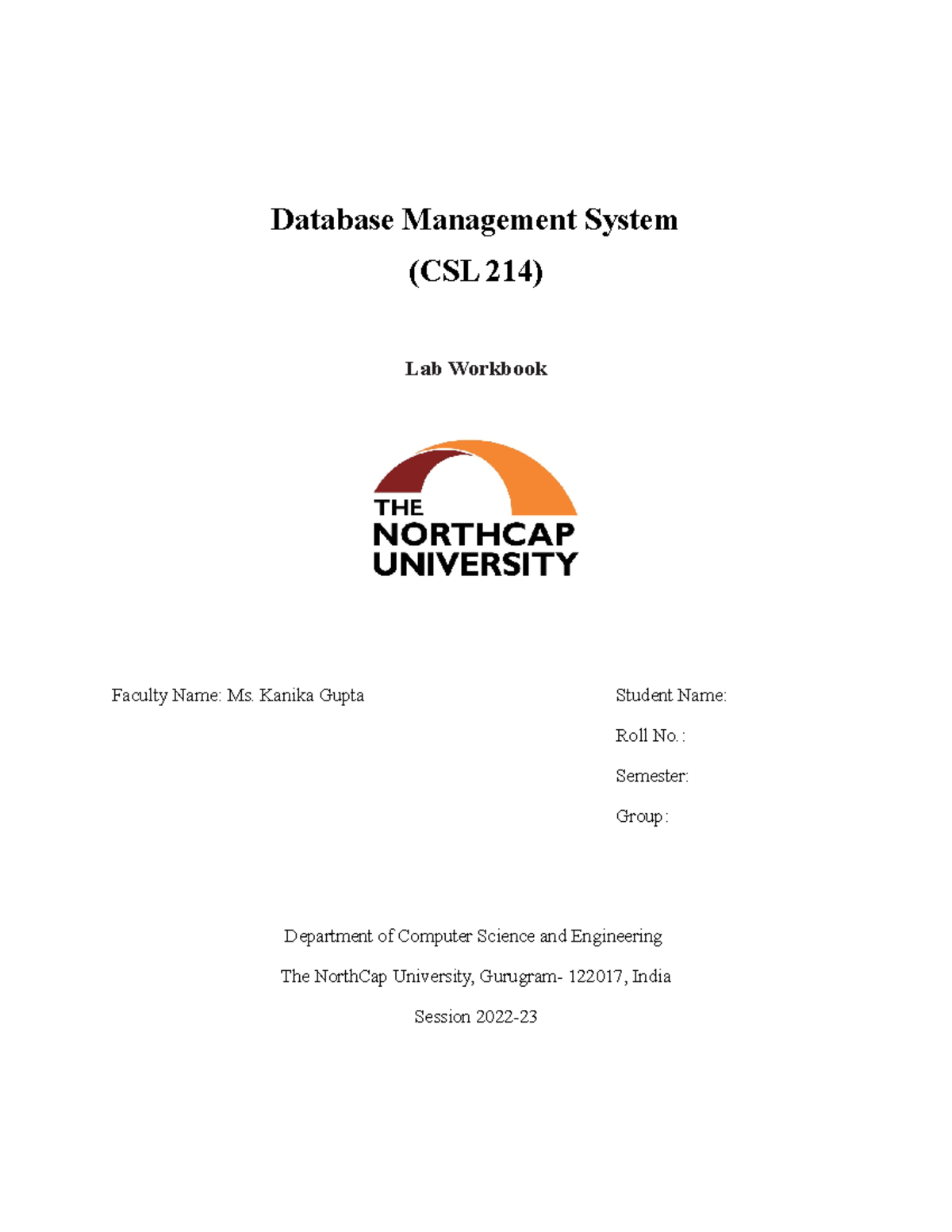 DBMS Lab Workbook - B - Dbms - Database Management System (CSL 214) Lab ...