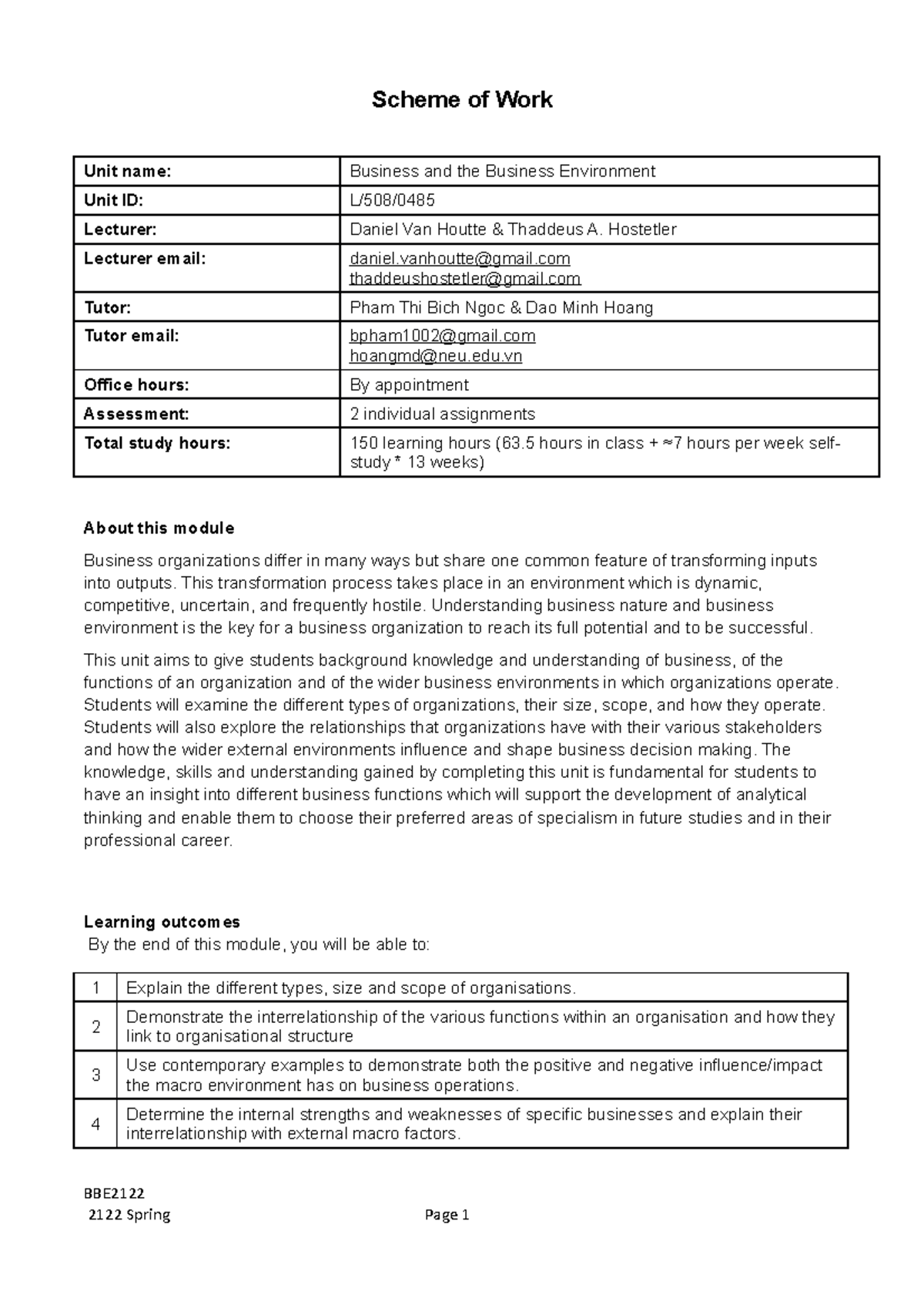 BBE Scheme of work 2022 Scheme of Work Unit name Business and the