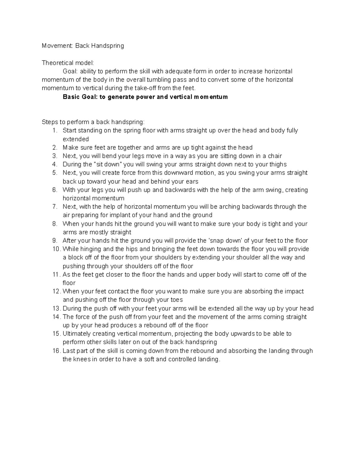 Movement Analysis Outline - Movement: Back Handspring Theoretical model ...