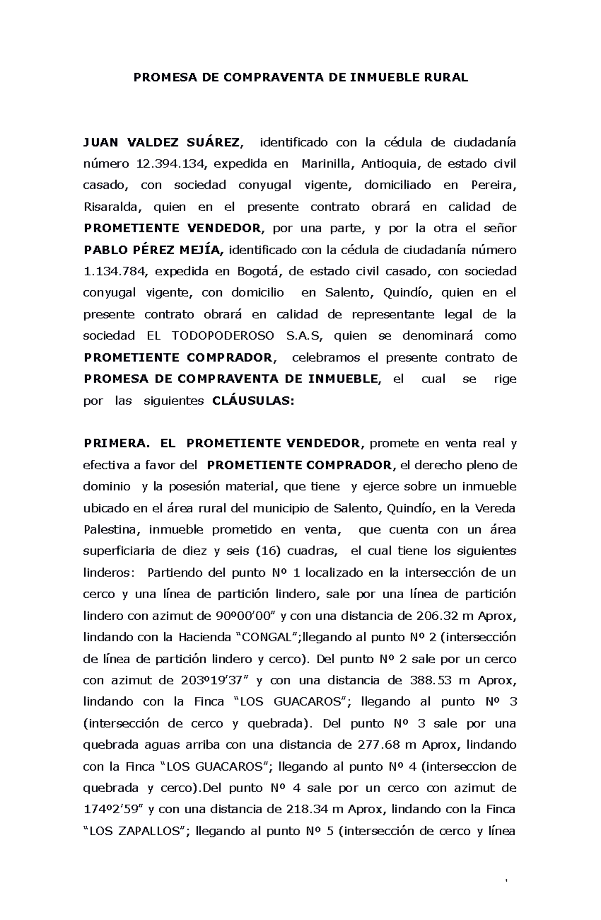 Modelo De Contrato De Promesa Promesa De Compraventa De Inmueble Rural Juan Valdez Su Rez