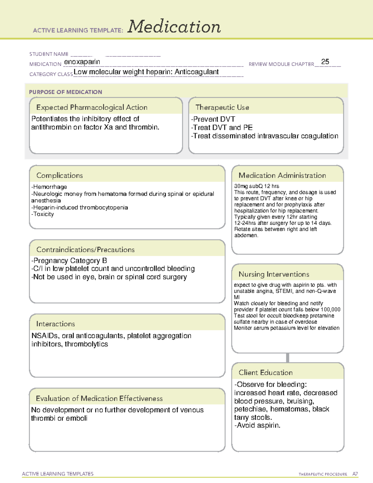 Enoxaparin medtable - ACTIVE LEARNING TEMPLATES TherapeuTic procedure A ...