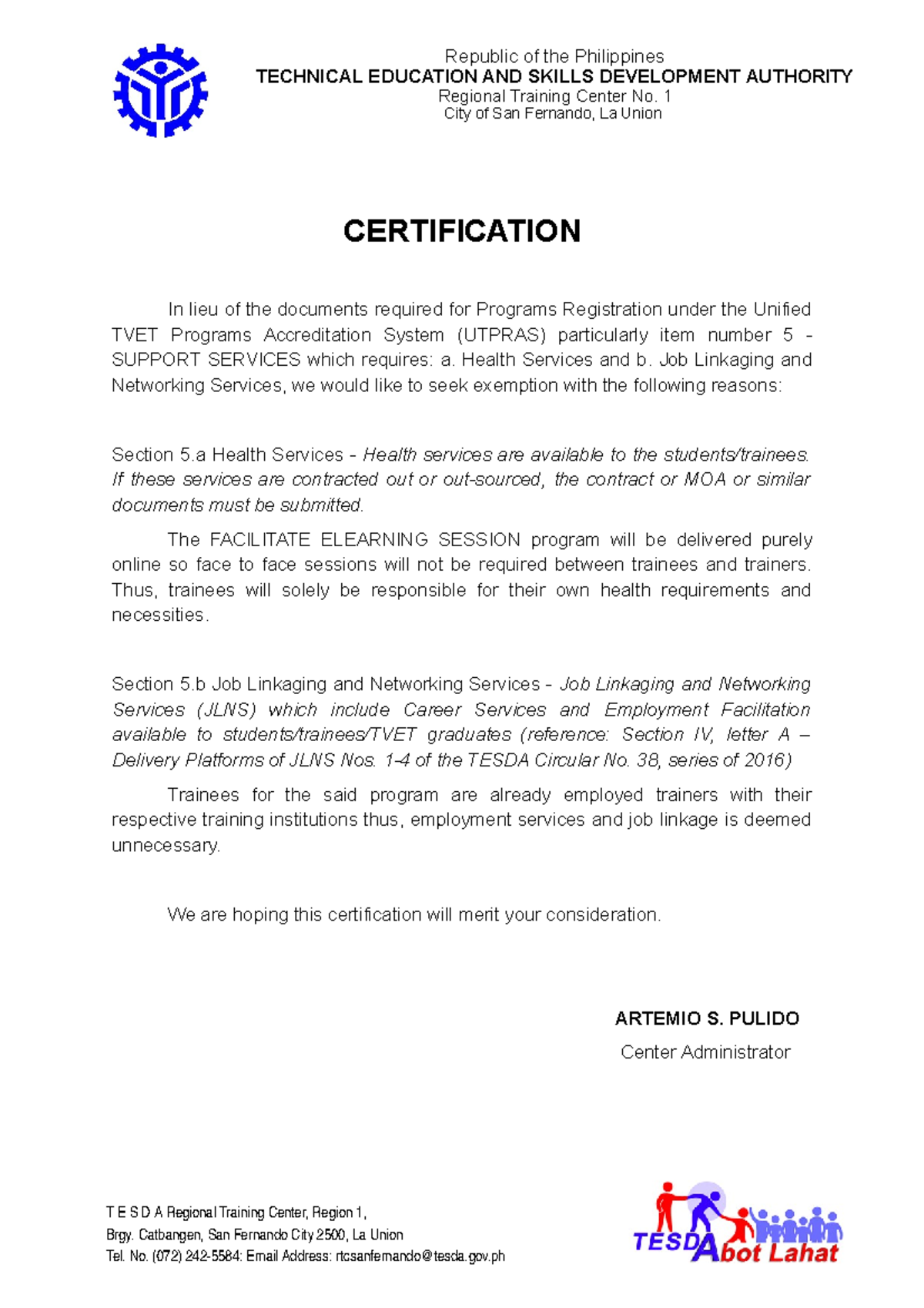 Tesda Official Letterhead 2020 Fels Certification Certification In Lieu Of The Documents