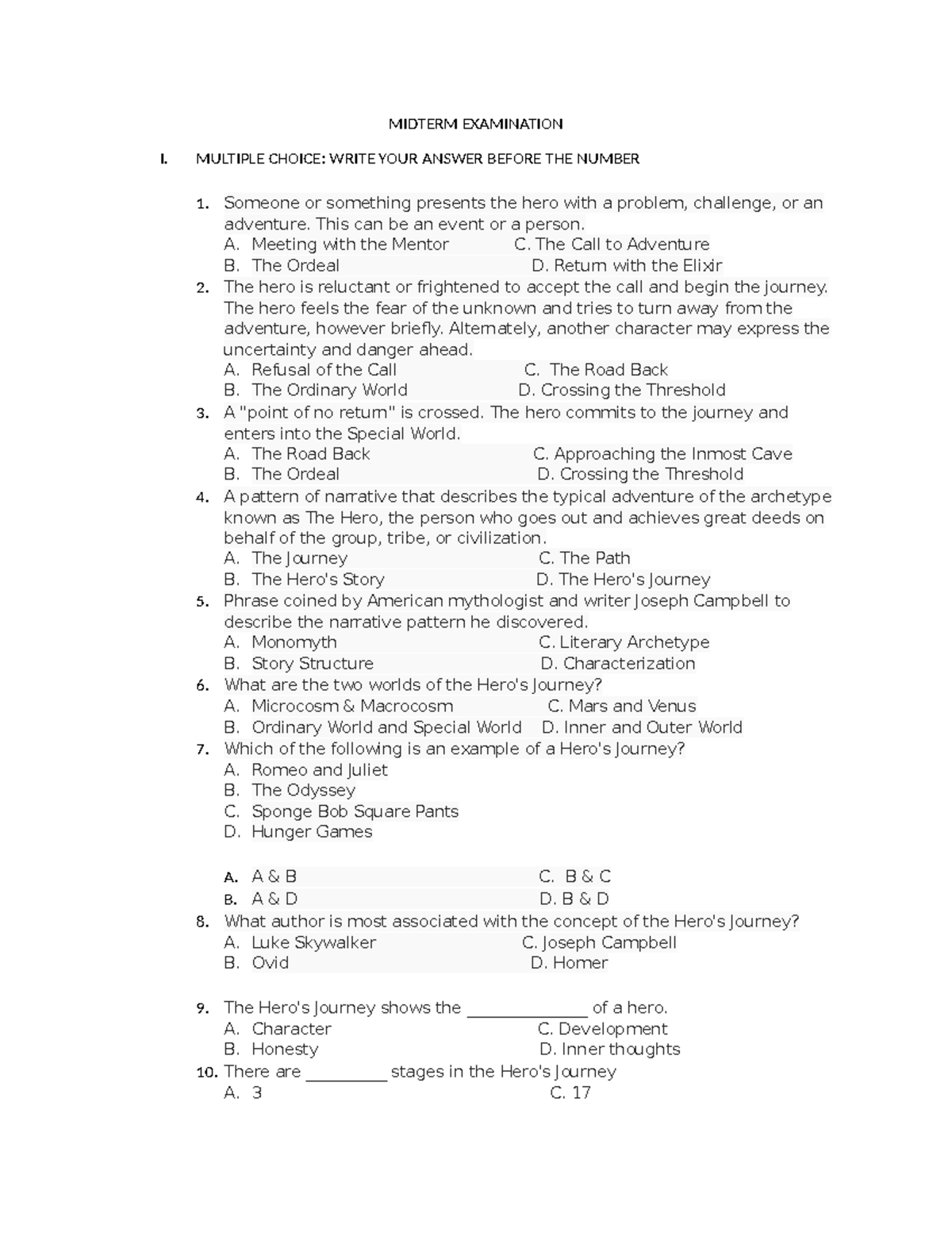 Midterm Examination Greatbooks - MIDTERM EXAMINATION I. MULTIPLE CHOICE ...