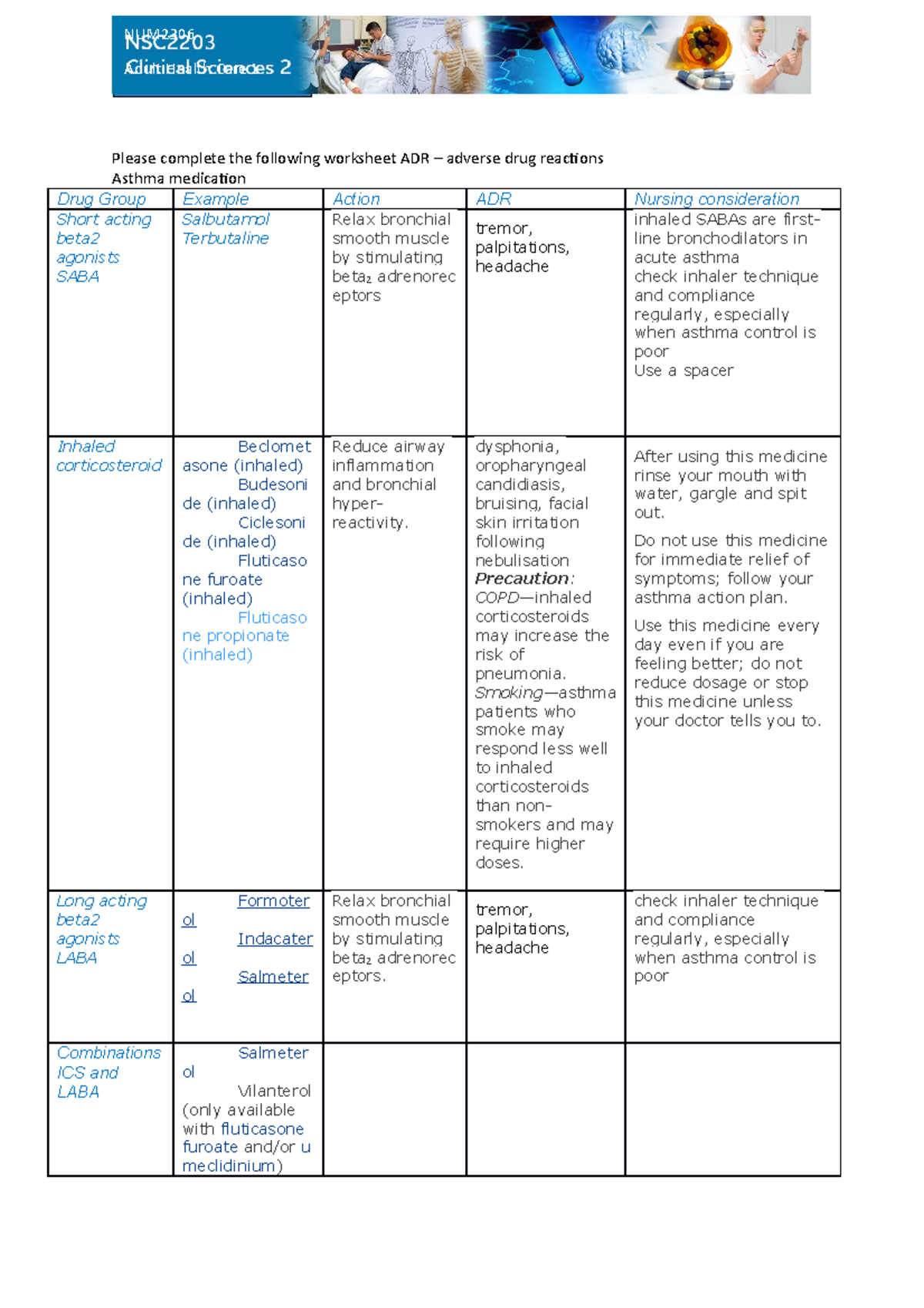 Tutorial Activity Medication worksheet Answers (1) (1) Worksheet