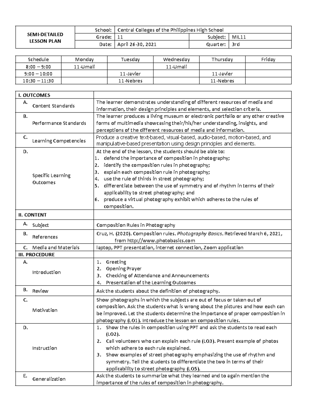 Sample Lesson Plan - SEMI-DETAILED LESSON PLAN School: Central Colleges ...