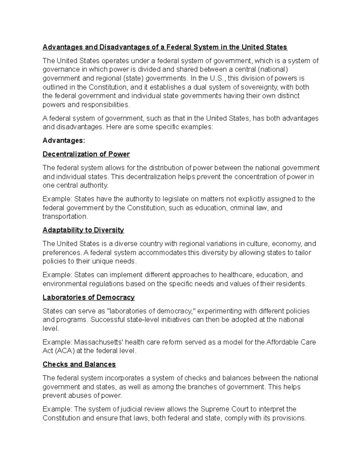 American Government Advantages and Disadvantages of a Federal System in the United States The