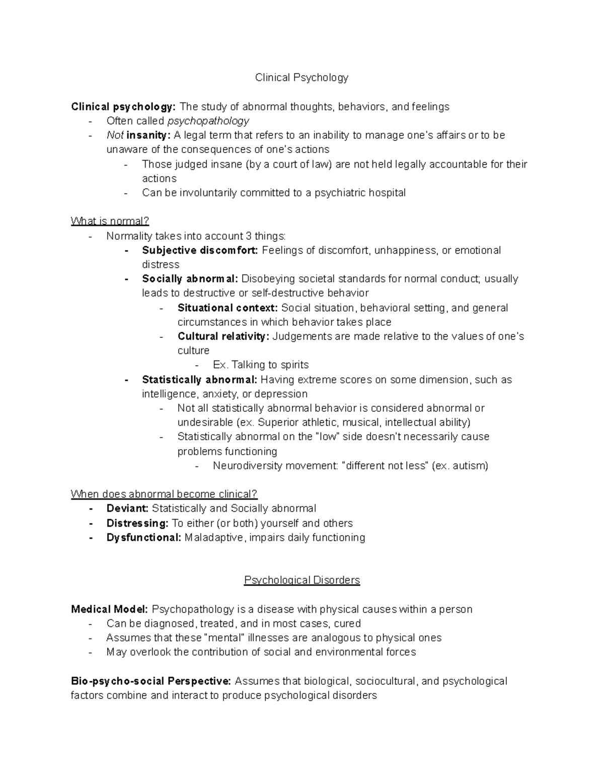 PSY 2301 Notes 17 - Clinical Psychology - Clinical Psychology Clinical ...