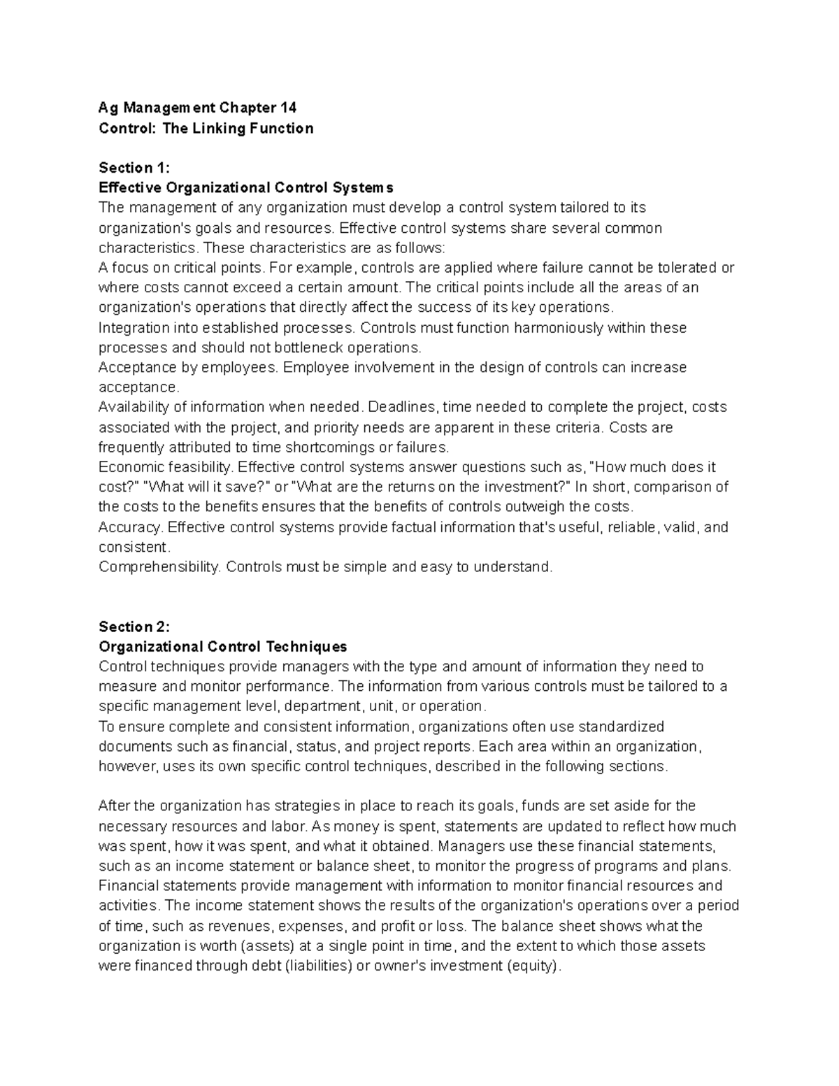 Ag Management Ch 14 Reading Lecture Notes Chapter 14 Ag