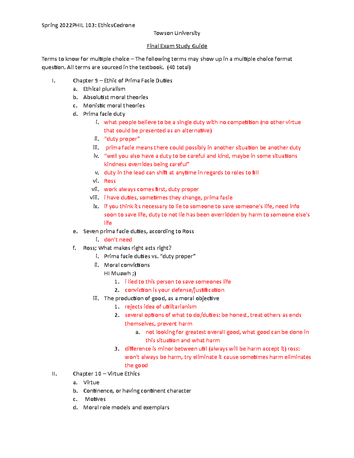 Ethics final study guide Towson University Final Exam Study Guide