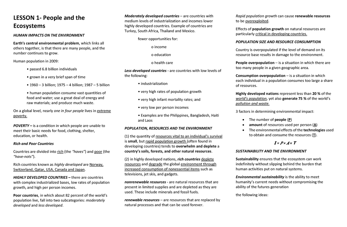 People And The Earth's Ecosystem Notes - LESSON 1- People And The ...