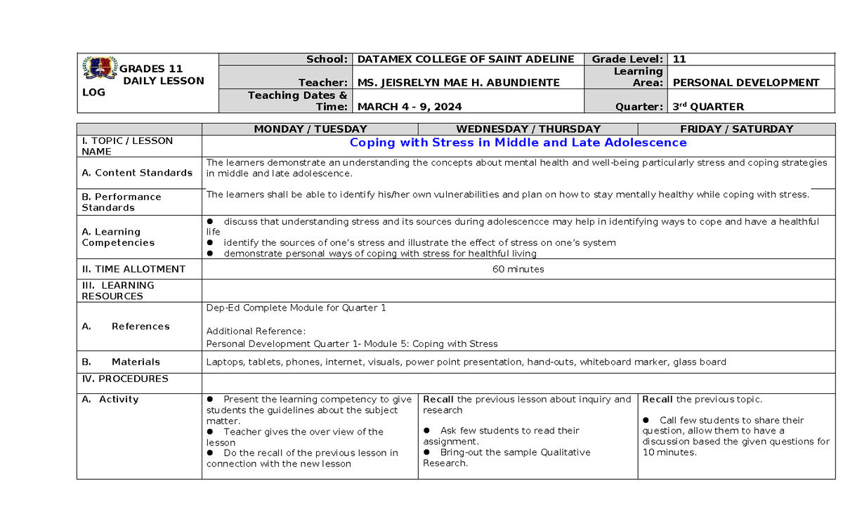 Perdev Week3dll Lesson Plan Grades 11 Daily Lesson Log School Datamex College Of Saint 4664