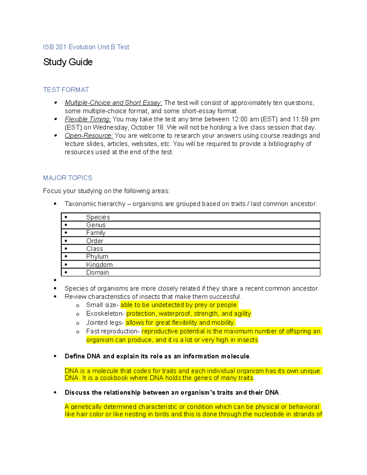 Bio 201 Test 2 Study Guide - ISB 201 Evolution Unit B Test Study Guide ...