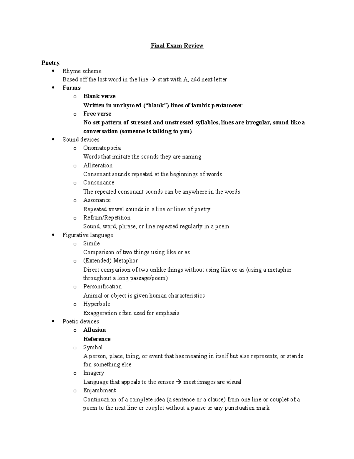 Final Exam Review Final Exam Review Poetry Rhyme Scheme Based Off The