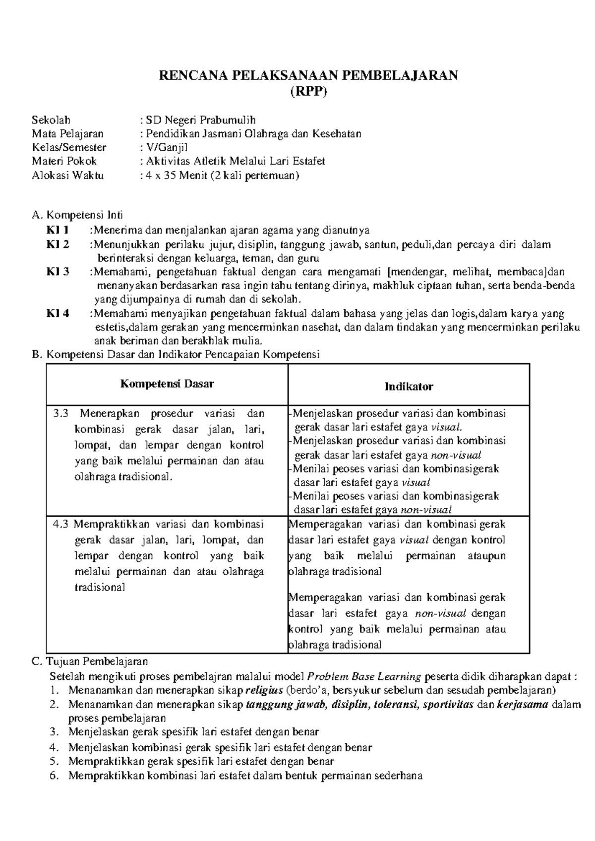 Rpp penjas - Rencana - RENCANA PELAKSANAAN PEMBELAJARAN (RPP) Sekolah ...