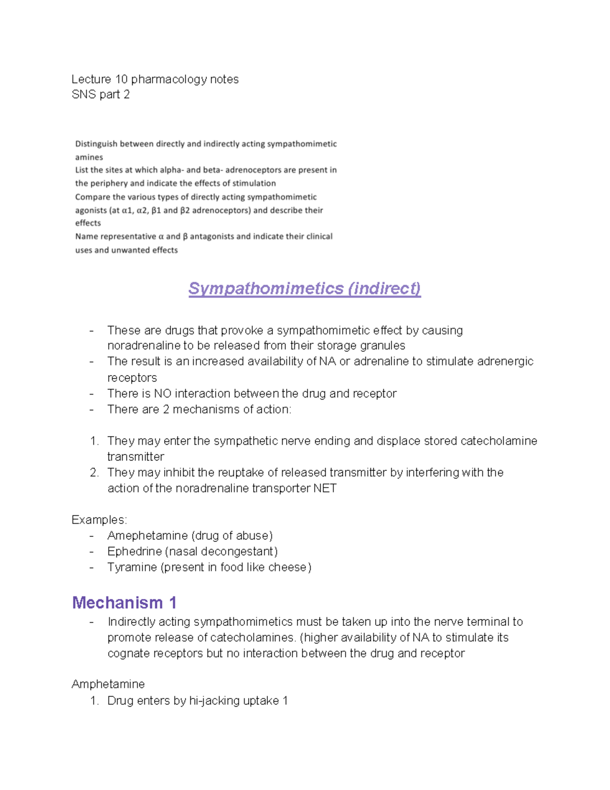 Lecture 10 pharmacology notes - Lecture 10 pharmacology notes SNS part ...