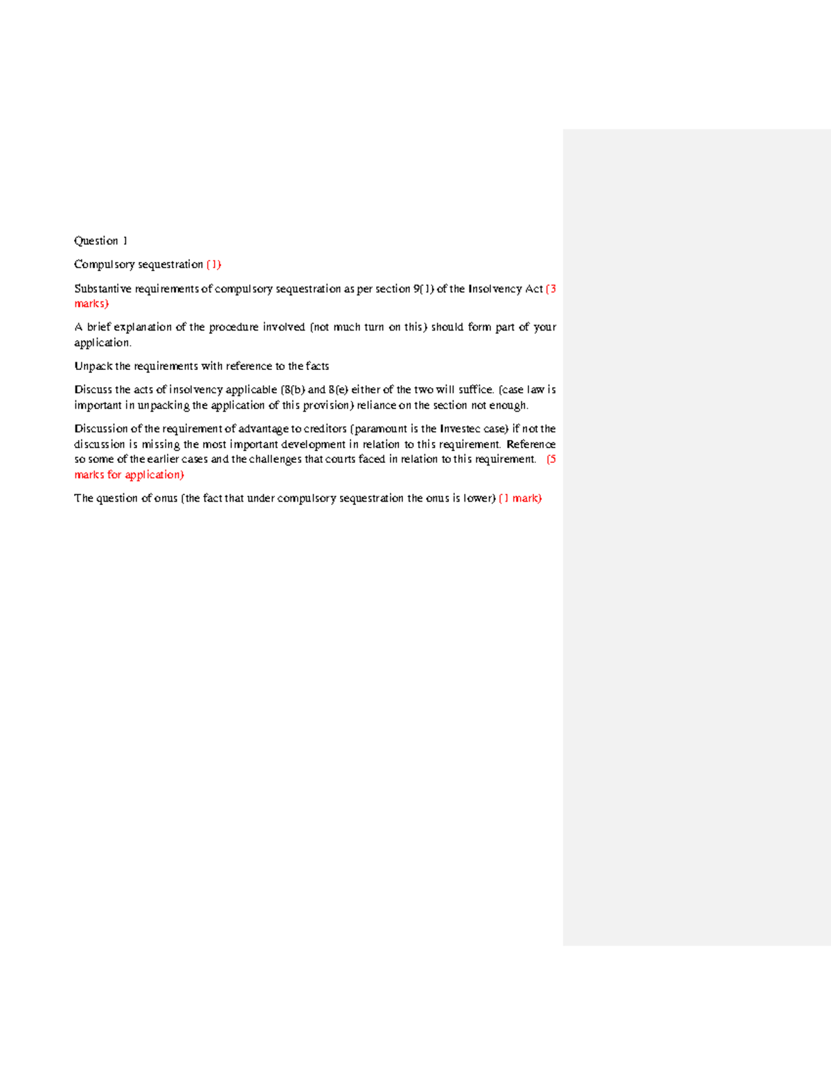 Insolvency Test Marking Guide Question 1 Compulsory Sequestration 1