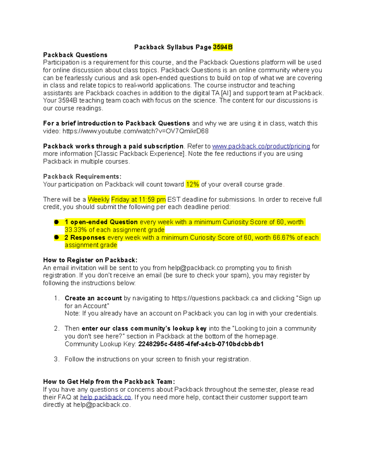 Biology 3594b 20220114 syllabus Packback Syllabus Page 3594B Packback Questions