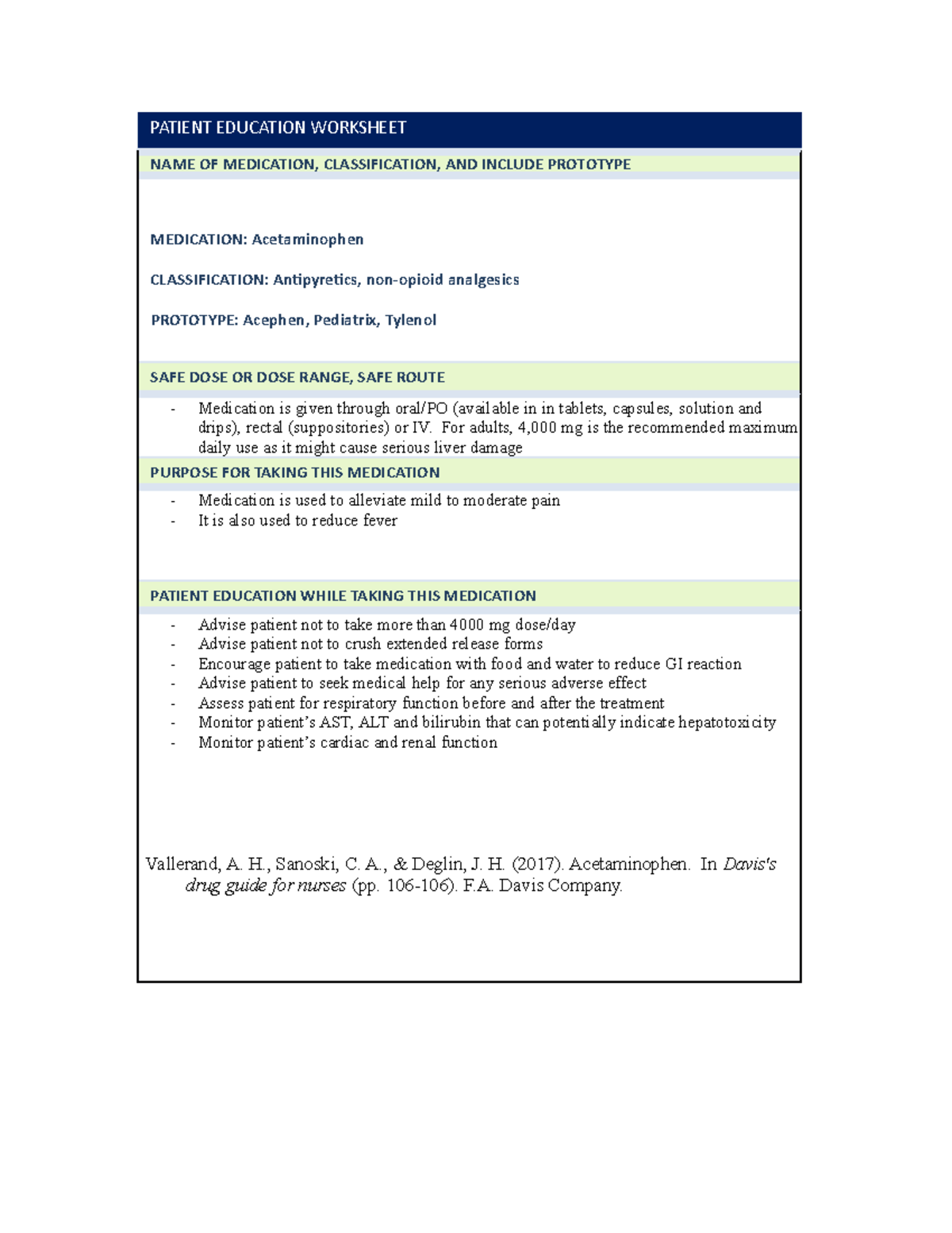 Acetaminophen Med Card PATIENT EDUCATION WORKSHEET NAME OF